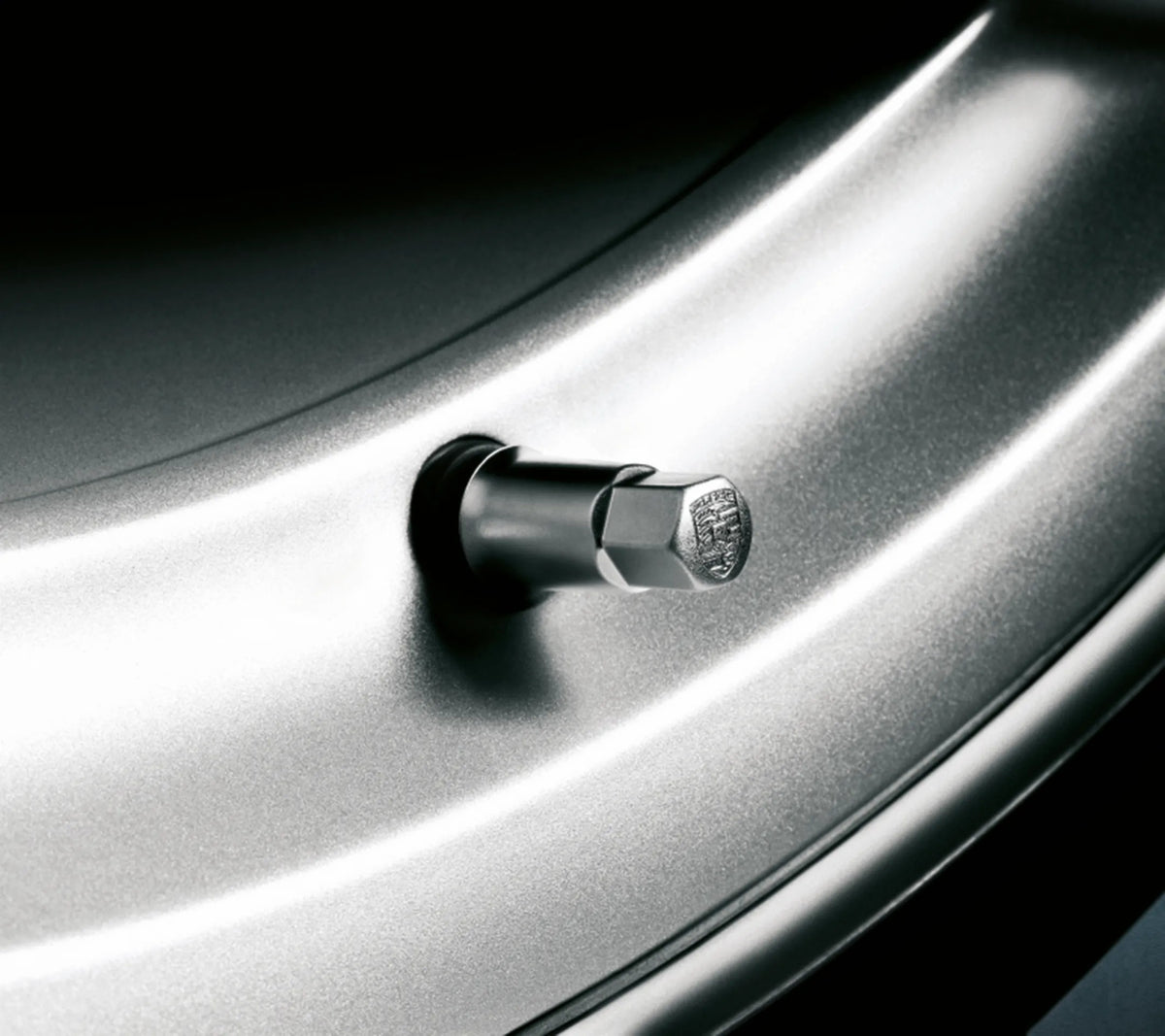 Porsche Valve Sleeve Set in Silver with Embossed Crest for 718, 911, Panamera, and Cayenne | Porsche Design