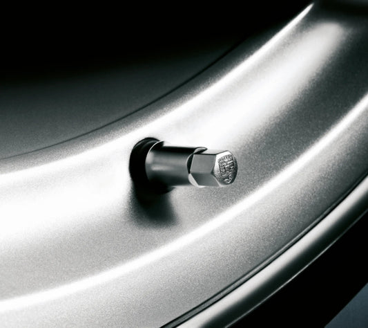 Porsche Valve Sleeve Set in Silver with Embossed Crest for 718, 911, Panamera, and Cayenne | Porsche Design